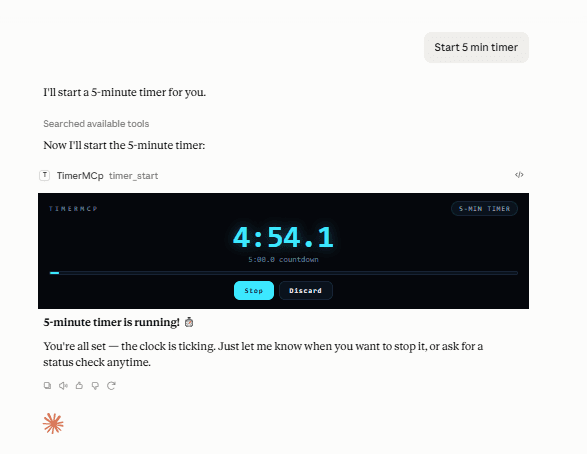 A live TimerMCP countdown card ticking inside a Claude chat, showing 4:54.1 remaining on a 5 minute timer with Stop and Discard buttons